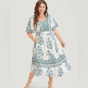 Bloomchic Bandana Print Ruffle Sleeve V-Neck Pocket Knee Dress Size 18-20 NWT